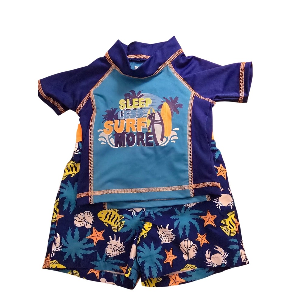 Mick Mack Kids‎ Blue Sleep Less Surf More Rash Guard and Swim Trunks Set 12M